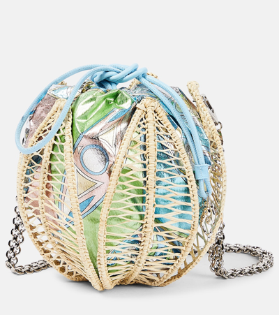 Pucci Raffia Leather-trimmed Bucket Bag In Blue