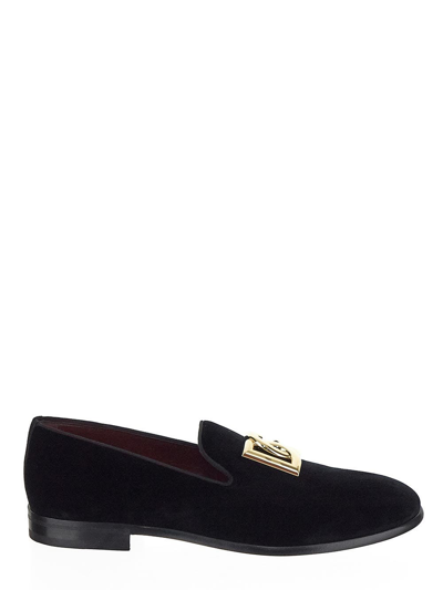 Dolce & Gabbana Velvet Slippers With Dg Logo In Black