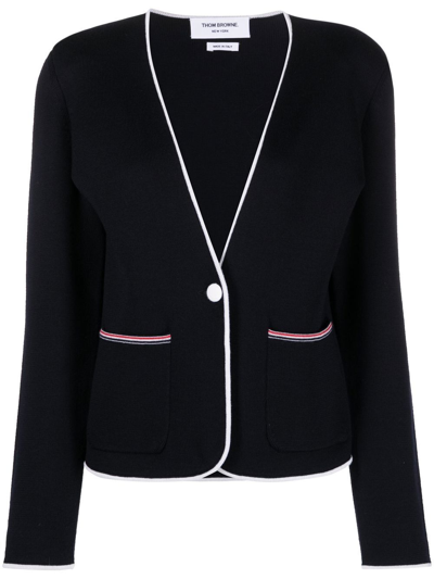 Thom Browne Contrasting-trim Collarless Jacket In Navy