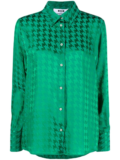 Msgm Houndstooth Long-sleeved Satin Shirt In Green
