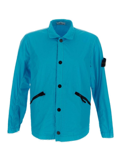Stone Island Logo Patch Buttoned Overshirt Jacket In Blue