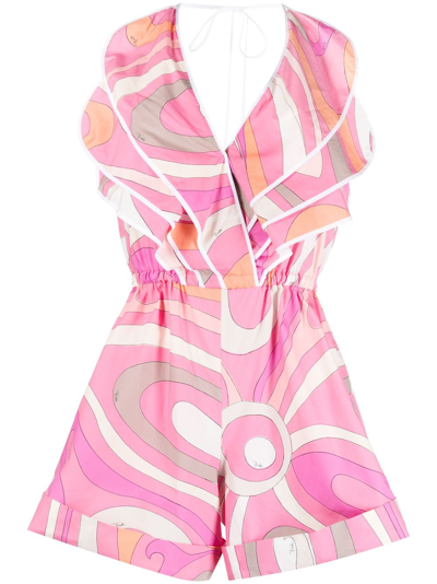 Pucci Ruffled Printed Cotton Jumpsuit In Pink