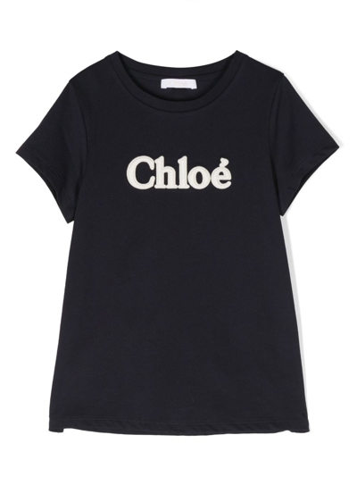 Chloé Kids' Logo-embroidered Organic Cotton T-shirt In 859 Navy
