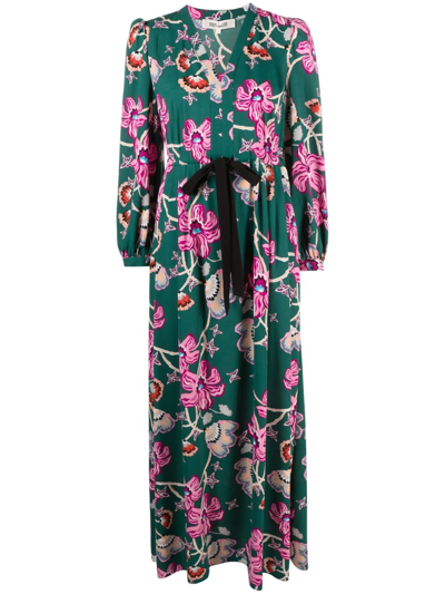 Diane Von Furstenberg Floral-print Belted Maxi Dress In Green