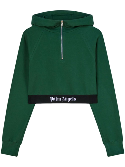 Palm Angels Logo-tape Cropped Hoodie In Green