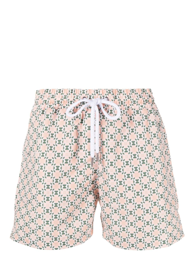 Frescobol Carioca Printed Swim Shorts In Pastel Orange & Vineyard Green