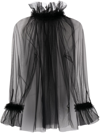 Styland Feather-trim Sheer Longline Blouse In Black