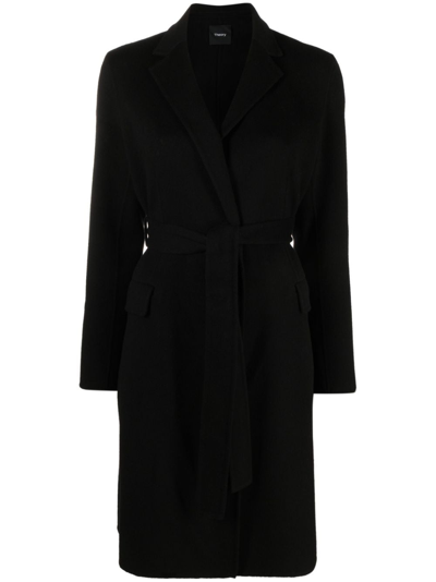 Theory Belted-waist Wool-cashmere Coat In Black