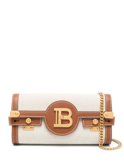 Balmain B-buzz 23 Leather And Canvas Clutch Bag In Natural