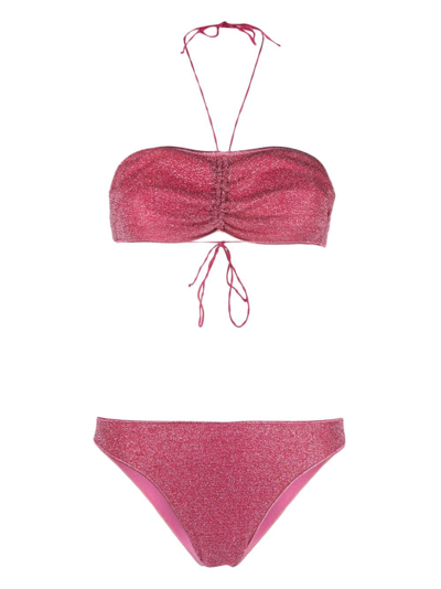 Oseree Gathered Halterneck Lurex Bikini Set In Pink
