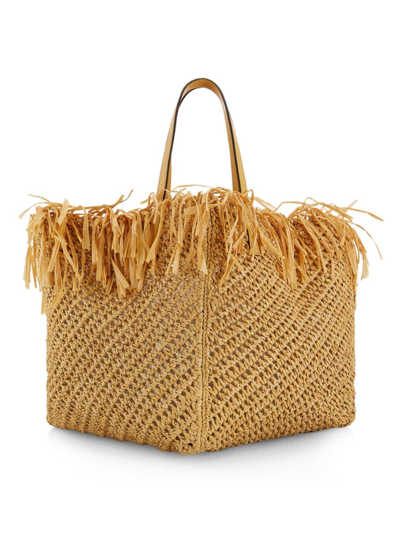 Oscar De La Renta Medium Raffia Crochet Square 手提包 In Natural/gold