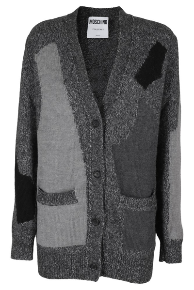 Moschino Patterned Intarsia-knit Cardigan In Grey