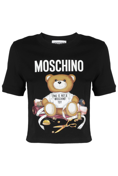 Moschino Teddy Bear Logo Printed Crewneck T In Black