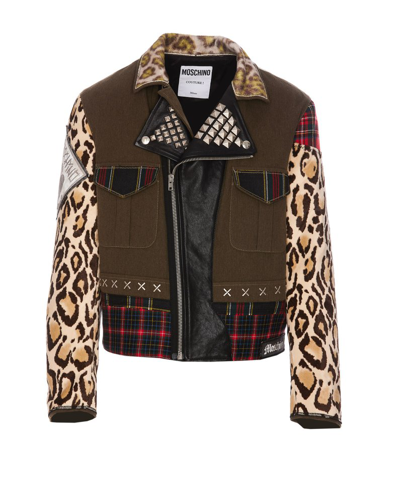 Moschino Mix-print Biker Jacket In Green