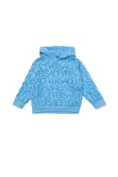 Versace Kids' Logo Jacquard Cotton Hoodie In Summer Sky Blue