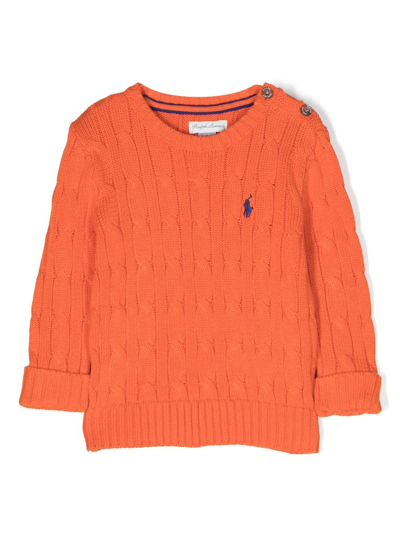 Ralph Lauren Babies' Polo-pony Patch Cable-knit Jumper In Orange