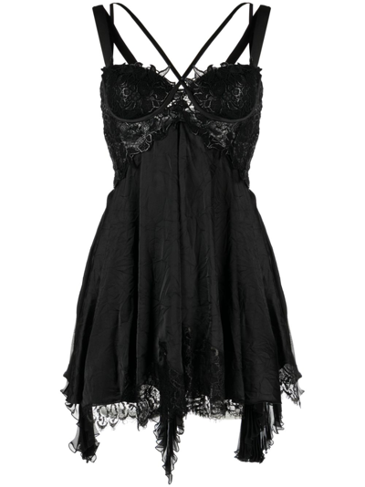 Versace Lace-trimmed Crinkled-satin Mini Dress In Black