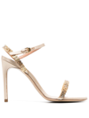 MOSCHINO 110MM LOGO-LETTERING SILK-SATIN SANDALS