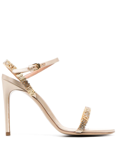 Moschino 110mm Logo-lettering Silk-satin Sandals In Gold