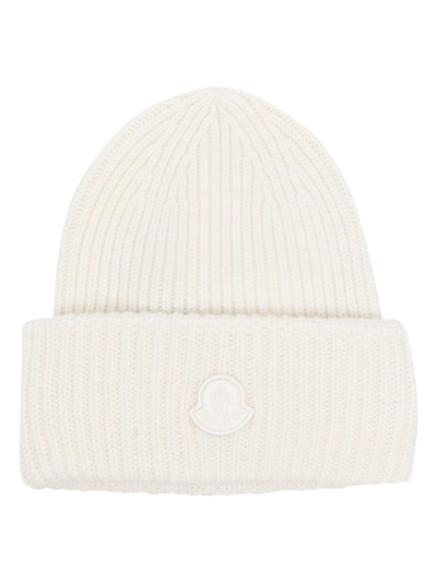 Moncler Logo-patch Knitted Wool Beanie In White