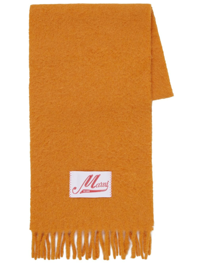 Marni Logo-patch Frayed Scarf In Orange