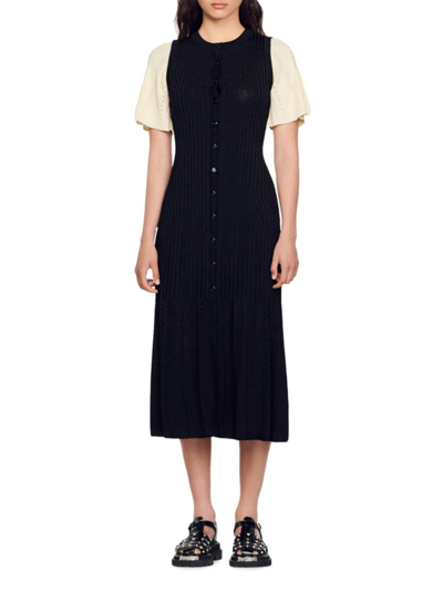 Sandro Ribbed-knit Button-up Midi Dress In Noir / Gris