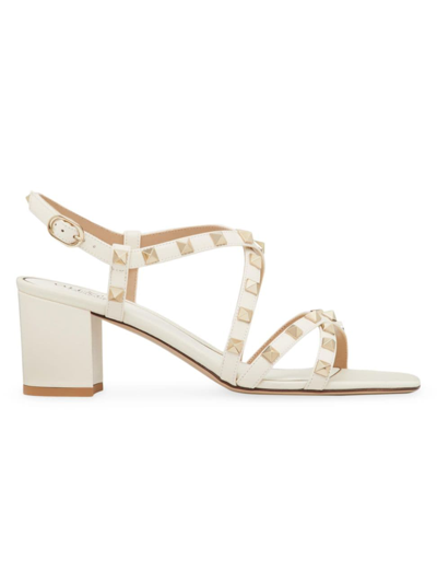 Valentino Garavani Women's Rockstud Calfskin Sandals With Straps In Light Ivory