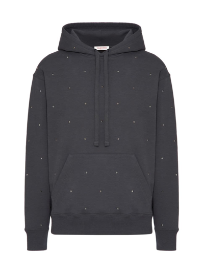 Valentino Men's Cotton Hooded Sweatshirt With All-over Spike Studs In Grey