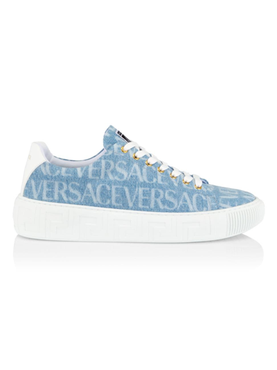 Versace Men's La Greca Denim Low-top Sneakers In Blue Denim Ecru Oro