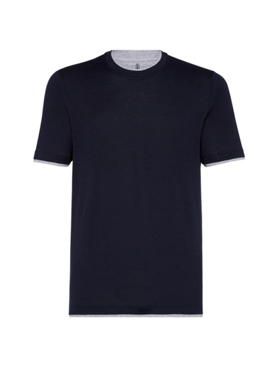 Brunello Cucinelli Silk-cotton Layering T-shirt In Cobalto+perla