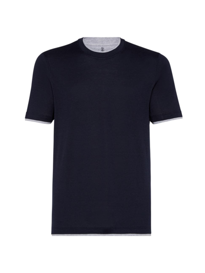 Brunello Cucinelli Faux Layering Silk And Cotton T-shirt In Blue
