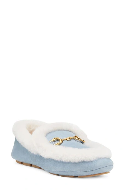 Stuart Weitzman Owen Buckle Cozy Genuine Shearling Lined Slipper In Sky Blue/cream