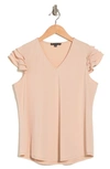 Adrianna Papell V-neck Tiered Ruffle Sleeve Crepe Knit Top In Champagne Blush
