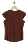 Adrianna Papell V-neck Tiered Ruffle Sleeve Crepe Knit Top In Mocha