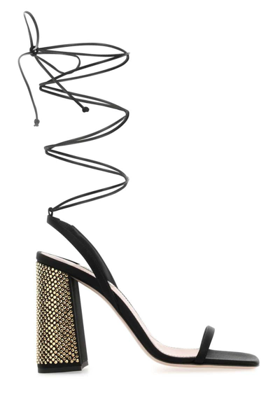 Miu Miu Satin Square Heel Sandals With Rhinestone Embellishment In Black