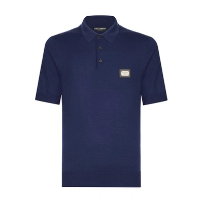 Dolce & Gabbana Wool Polo-shirt With Branded Tag In Blu_cina