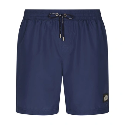 Dolce & Gabbana Long-leg Swim Trunks With Branded Tag In Blue