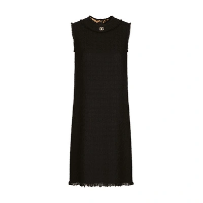 Dolce & Gabbana Raschel Tweed Calf-length Dress With Logo In Black