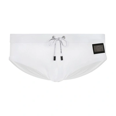 Dolce & Gabbana Swim Briefs With High-cut Leg And Branded Plate In White