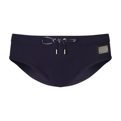 Dolce & Gabbana Swim Briefs With High-cut Leg And Branded Plate In Blue