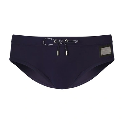 Dolce & Gabbana Swim Briefs With High-cut Leg And Branded Plate In Very_dark_blue_1