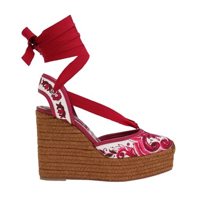 Dolce & Gabbana Rope-soled Wedges In Printed Brocade Fabric In Azulejos_fdo_fucsia