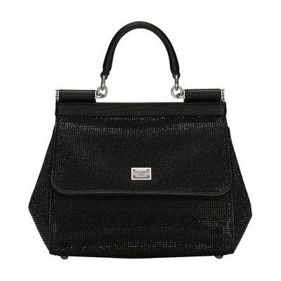 Dolce & Gabbana Small Satin Sicily Bag With Fusible Rhinestones In Black_black