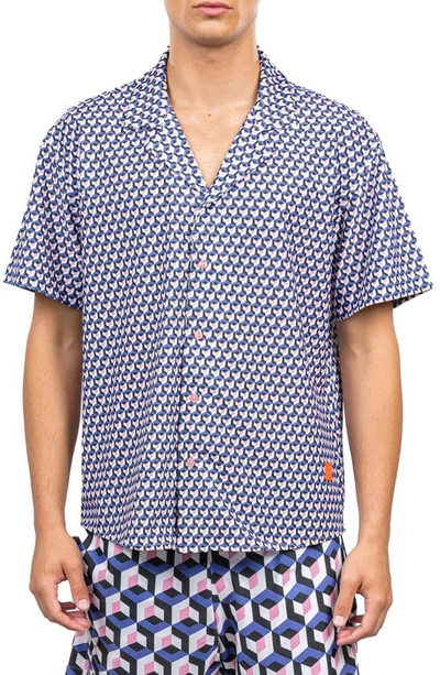 D.rt 3drt Print Short Sleeve Stretch Button-up Shirt In Blue