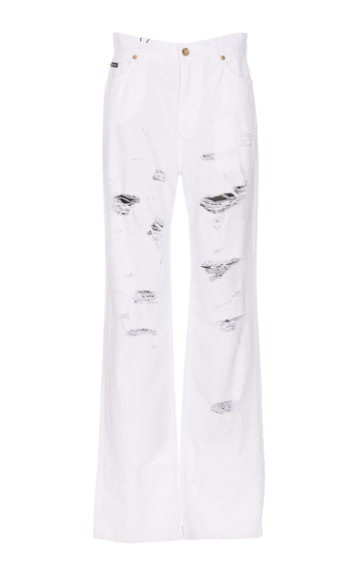 Dolce & Gabbana White Denim Boyfriend Jeans With Rips In Multicolor