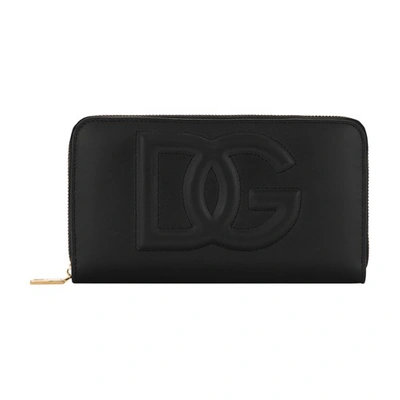Dolce & Gabbana Calfskin Zip-around Wallet With Logo In Black