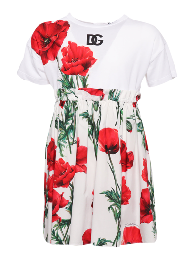 Dolce & Gabbana Kids' Floral-print Zip-fastening Dress In Bianco-rosso