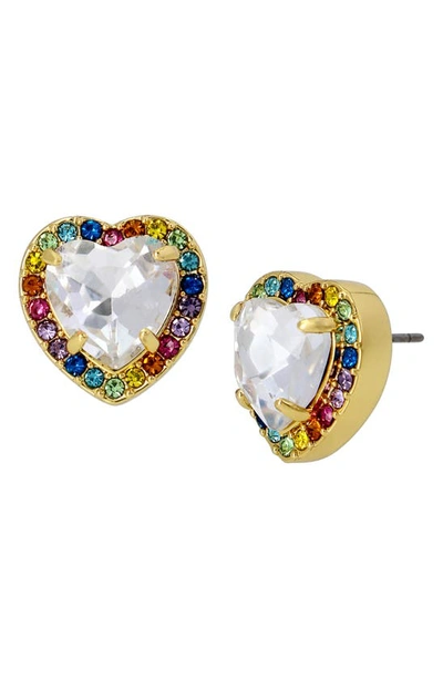 Kurt Geiger Rainbow Crystal Heart Stud Earrings In Gold Tone In Multi