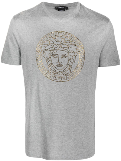 Versace Medusa Logo-embellished Cotton T-shirt In Grey