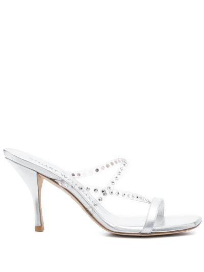 Stuart Weitzman Women's Strapeze 85mm Crystal-embellished Leather Slide Sandals In Silver